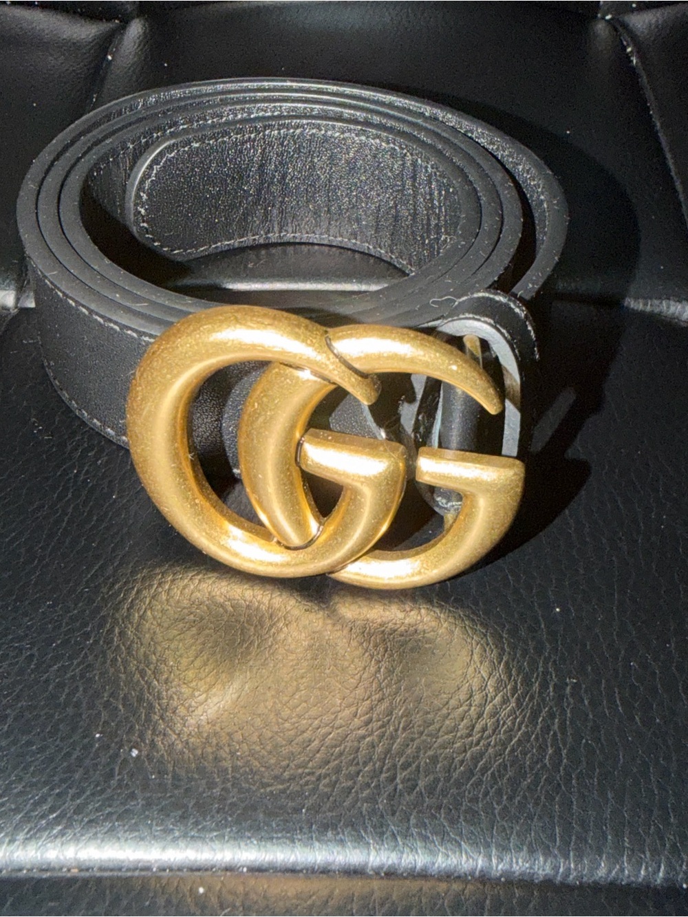 Gucci Black Leather Belt with Double G Gold Buckle Size 80